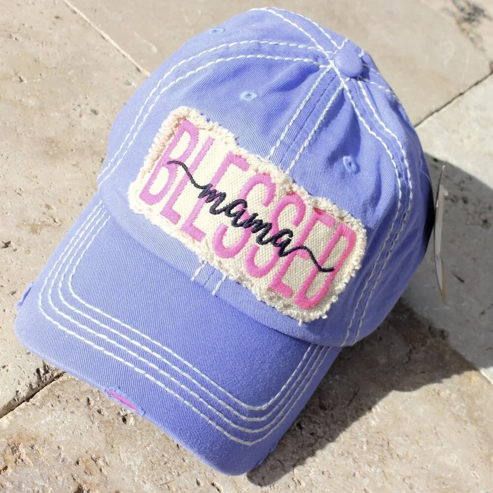 Womens BLESSED Mama Pink Vintage Ballcap Baseball Cap Hat in Distressed Purple